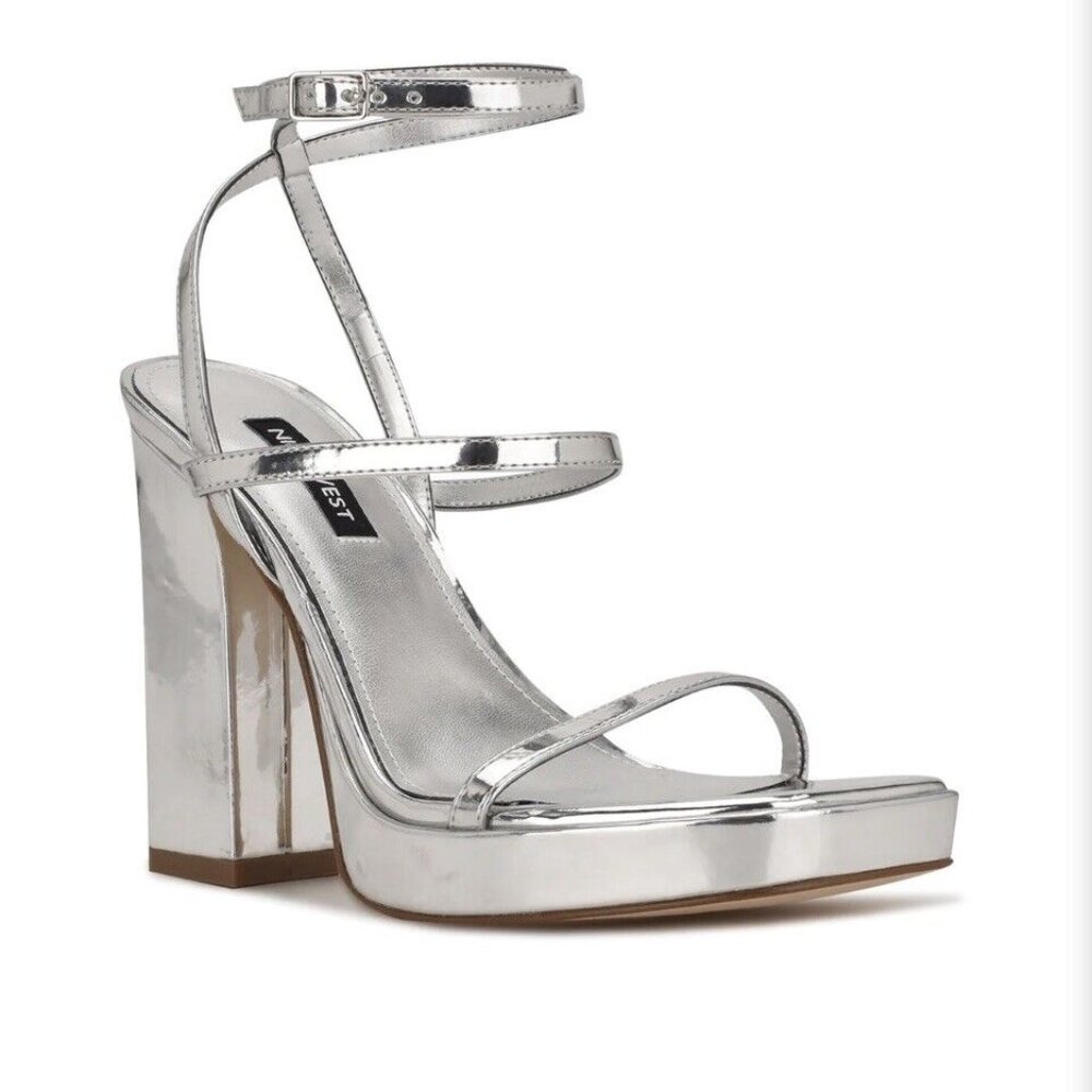 Nine West Benz Strappy Silver Platform Sandal Heels
